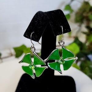 Silver Green Enamel Clover Drop Earrings New